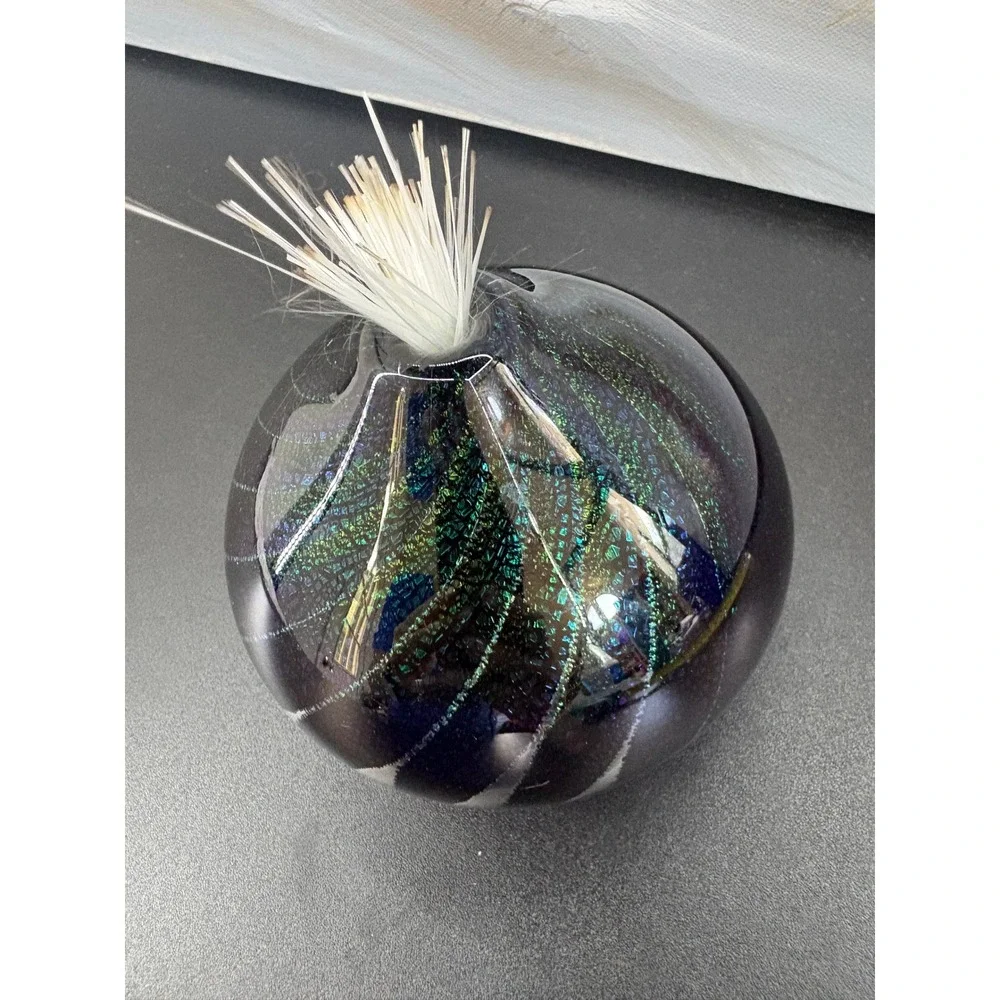 Maytum Studio 1994 Iridescent Art Glass Paperweight Oil Lamp  Blue Green